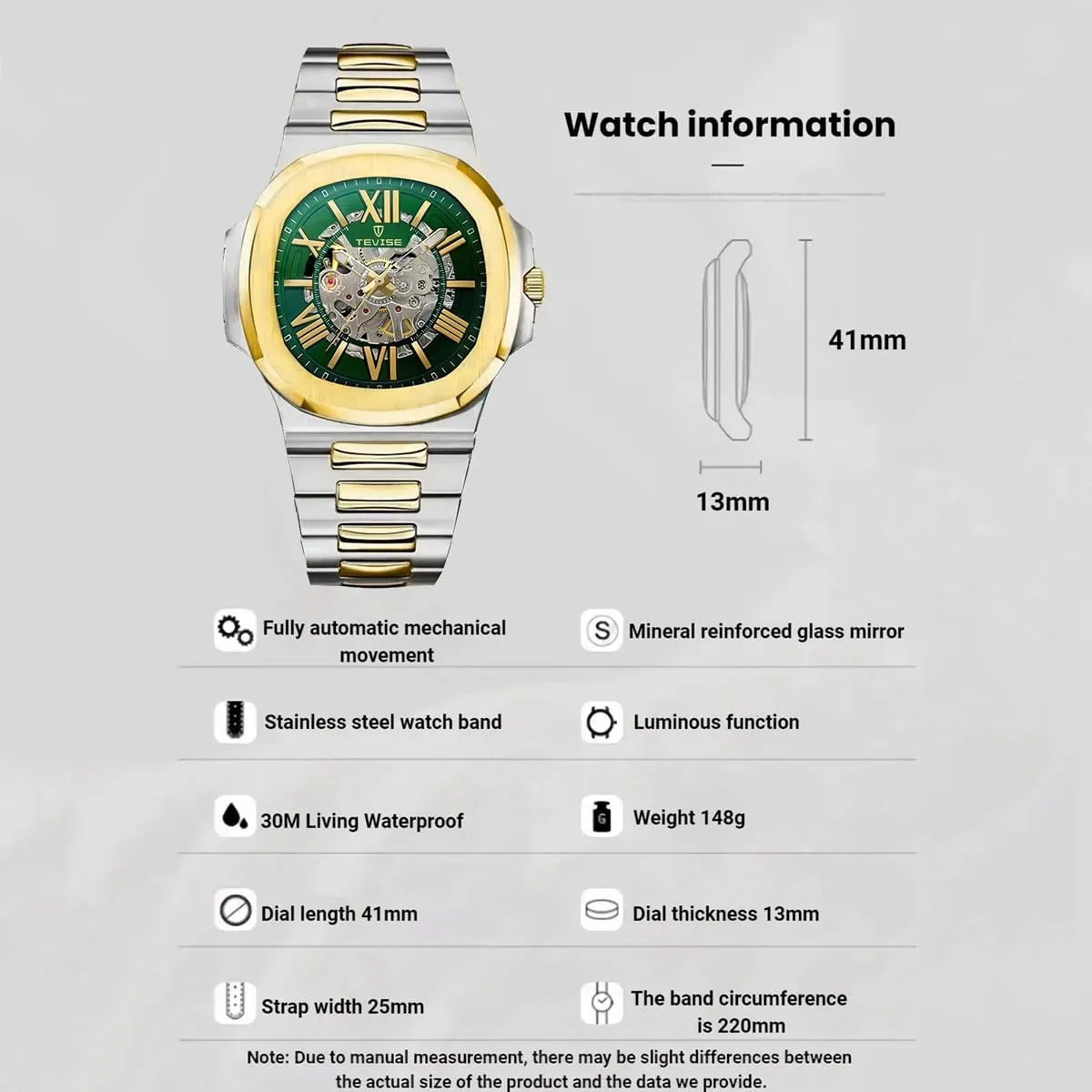 Watch, Self-Winding Automatic Watch Wrist Watch Gift for Men Stainless Steel Mechanical Watch, Square drought coral Hollow Out 