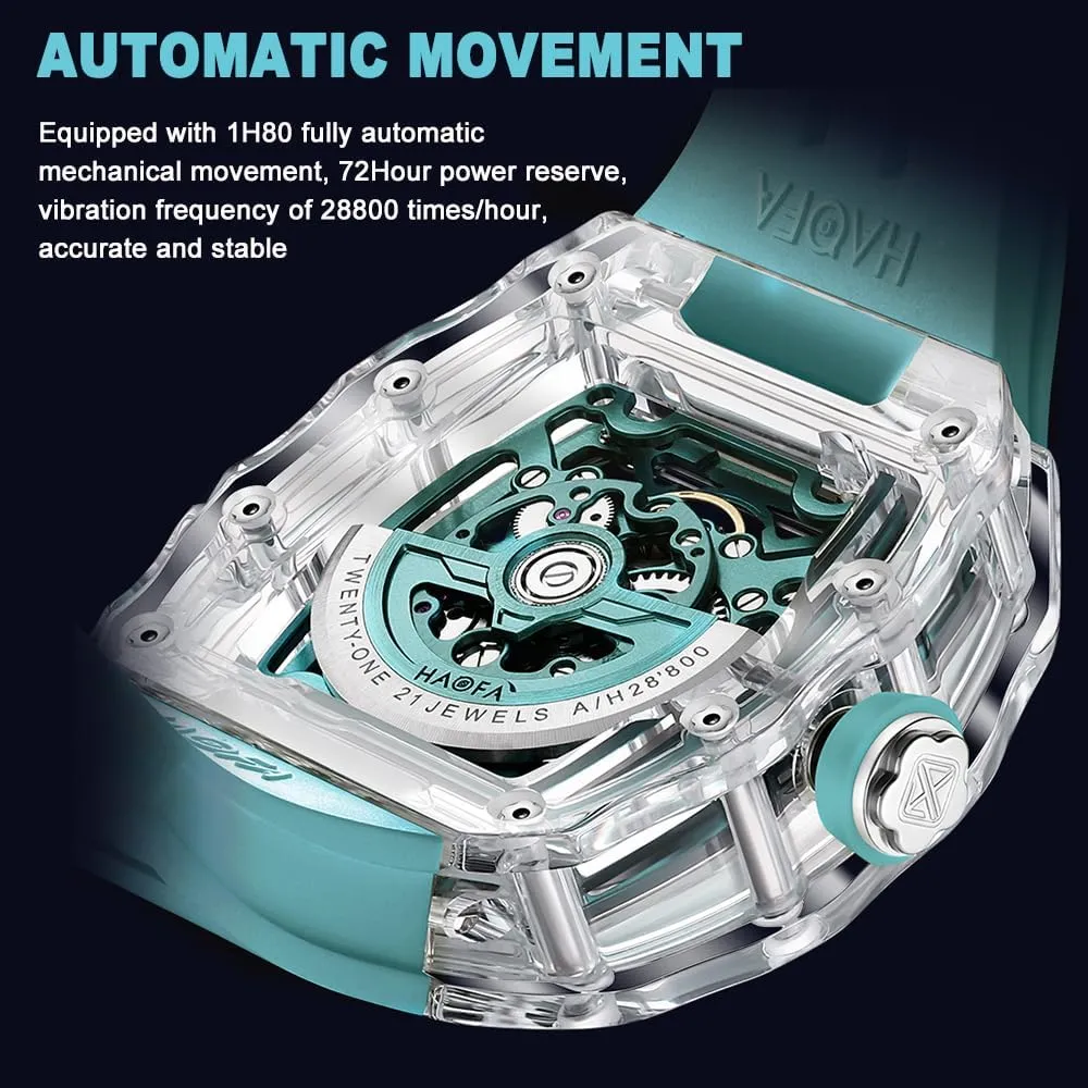 Watch Tonneau Track Elements Skeleton Mechanical pursuit playful minimal thorough Wristwatch for Men Luminous Waterproof Watches with Rubber Strap 2326 Haofa K9 Crystal Glass Transparent Automatic Men 
