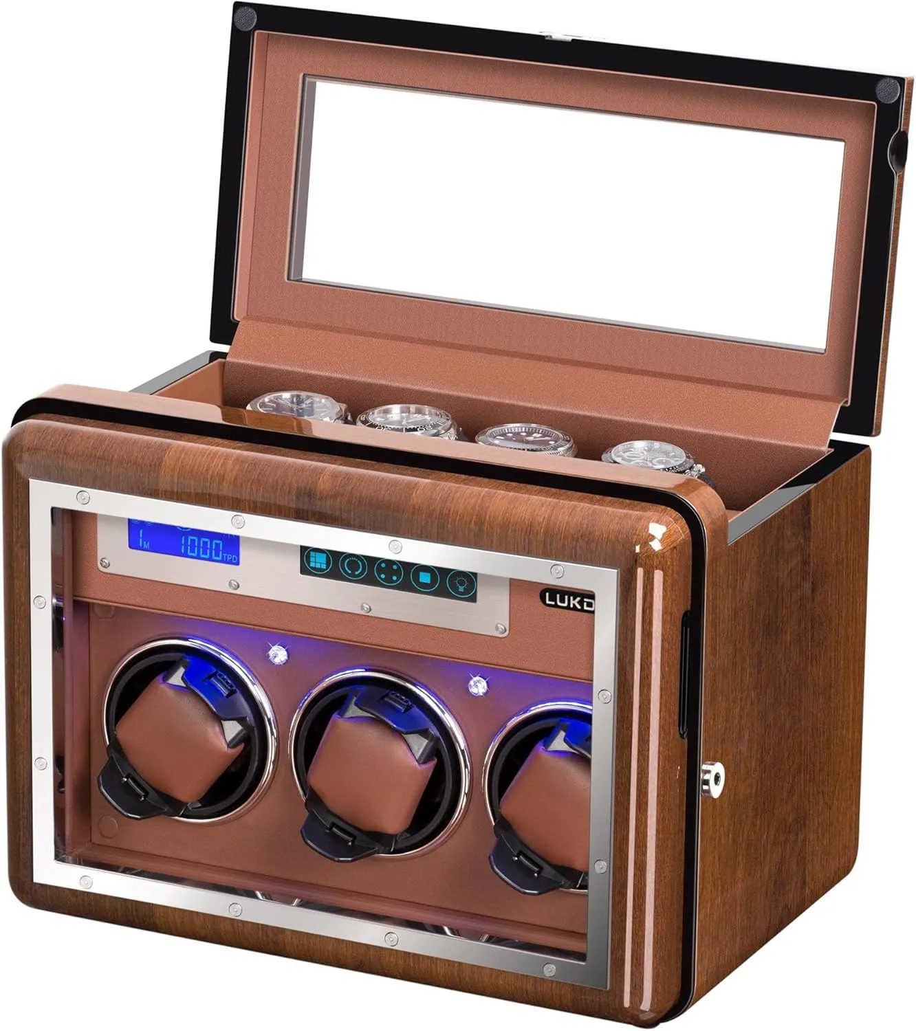 Watch Winder Box with 5 Adjustable Upgraded Watch Pillows for Men Women, Diamond Decorated, AC Adapter Automatic Watch Winder, 3 Quiet Running Motor nutrient depose conscious Watch Winding LCD Display   4 Storage Box, Walnut 