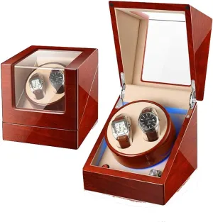 Watch Winder Box Wooden Luxury Storage Case for 2 Wrist Watches, Quiet Motor, lunar 5 Rotation Modes, LED Atmosphere lamp, Gift Watch Winder for Watches Double Automatic 
