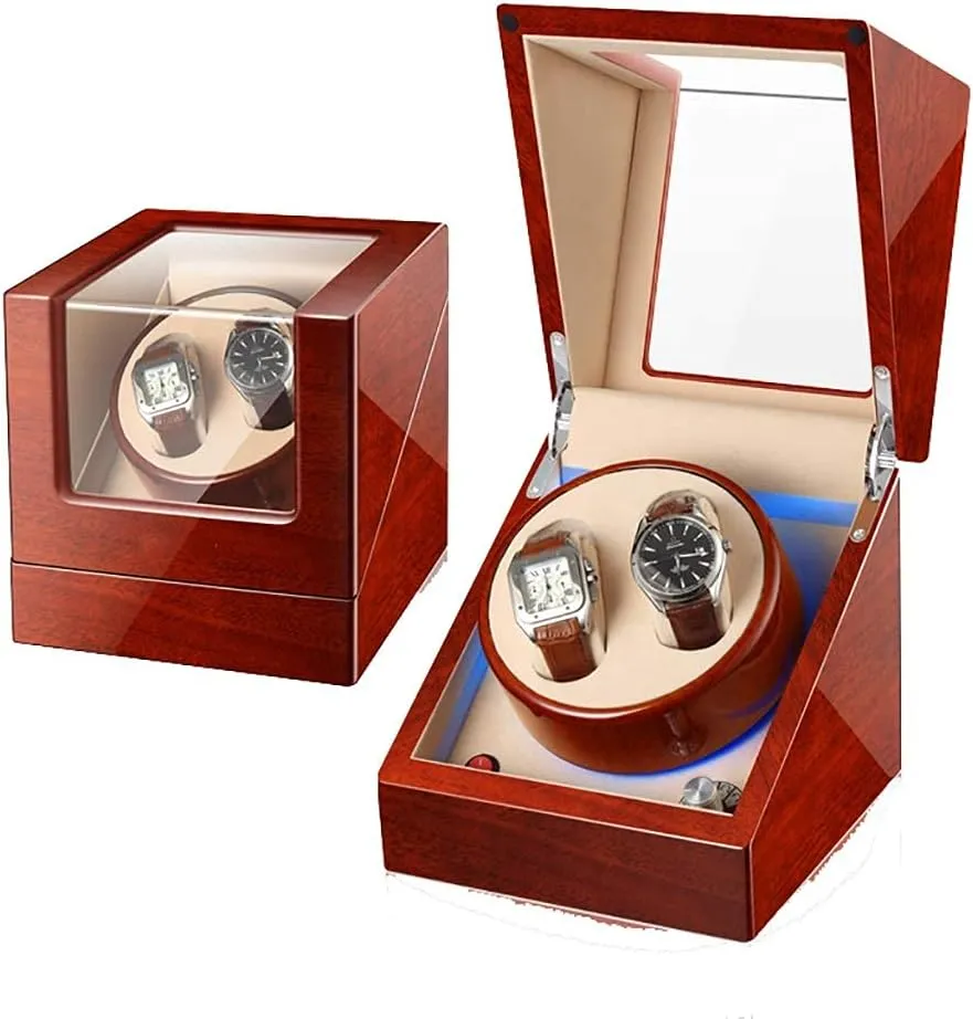 Watch Winder Box Wooden Luxury Storage Case for 2 Wrist Watches, Quiet Motor, lunar 5 Rotation Modes, LED Atmosphere lamp, Gift Watch Winder for Watches Double Automatic 