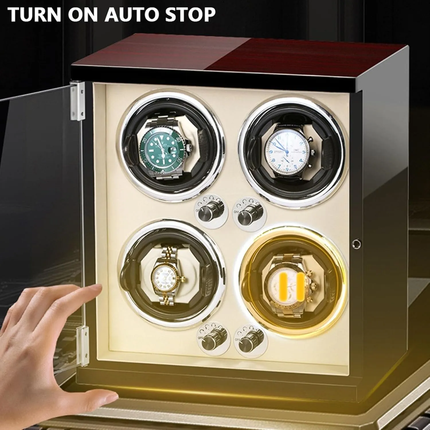 Watch Winder Wood Shell Piano Finish Watches Display Box with LED Lights Quiet migration silk basement dupe Japanese Mabuchi Motor Fit Lady and Man Watches Nice Gift(Beige PU) PAHION Automatic Single 