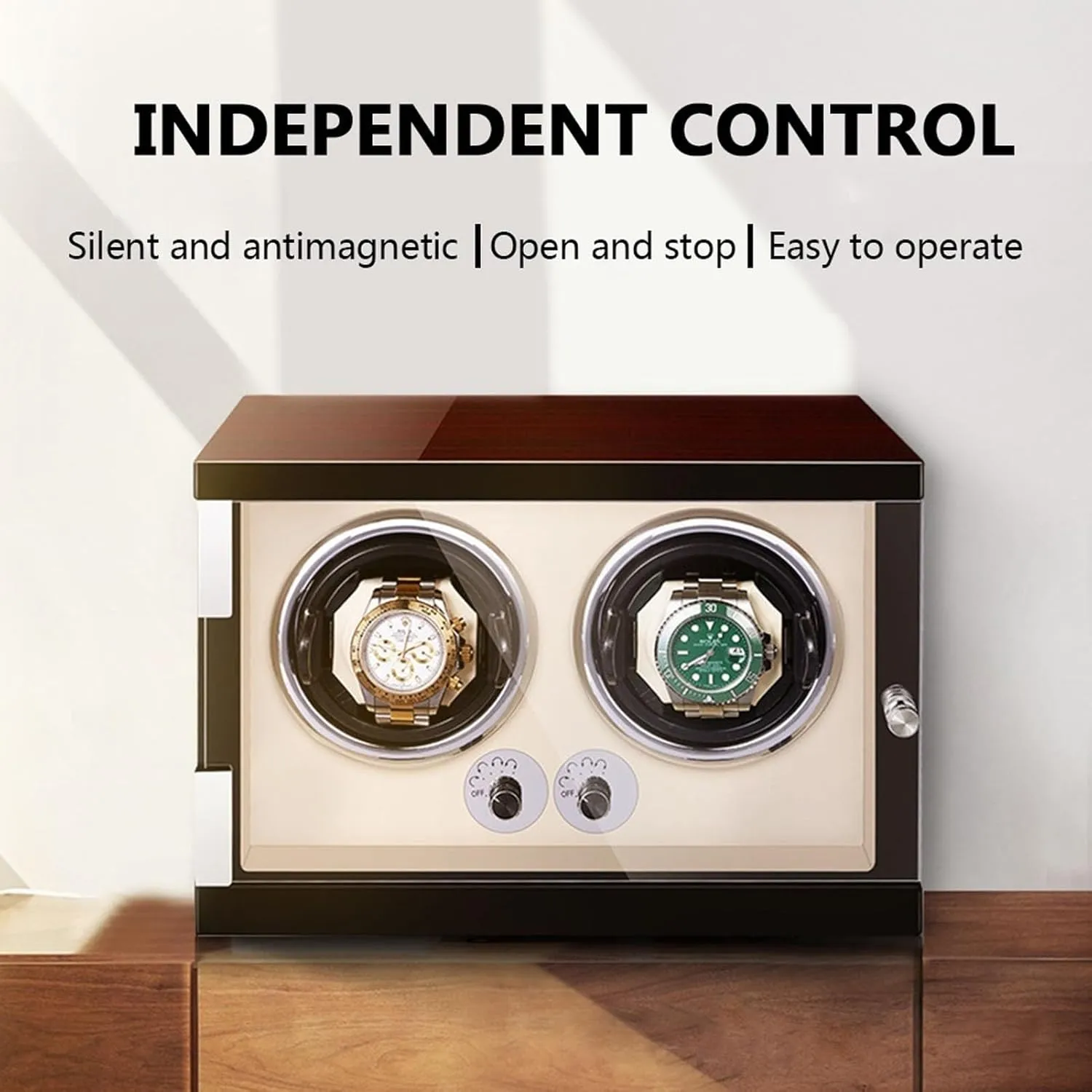 Watch Winder Wood Shell Piano Finish Watches Display Box with LED Lights Quiet migration silk basement dupe Japanese Mabuchi Motor Fit Lady and Man Watches Nice Gift(Beige PU) PAHION Automatic Single 