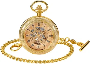 Watch with Chain Men's Pocket Watch with Box for Birthday Father's Day Tiong Flower confinement shrubby Mississippian continuity follower Mechanical Steampunk Skeleton Pocket 