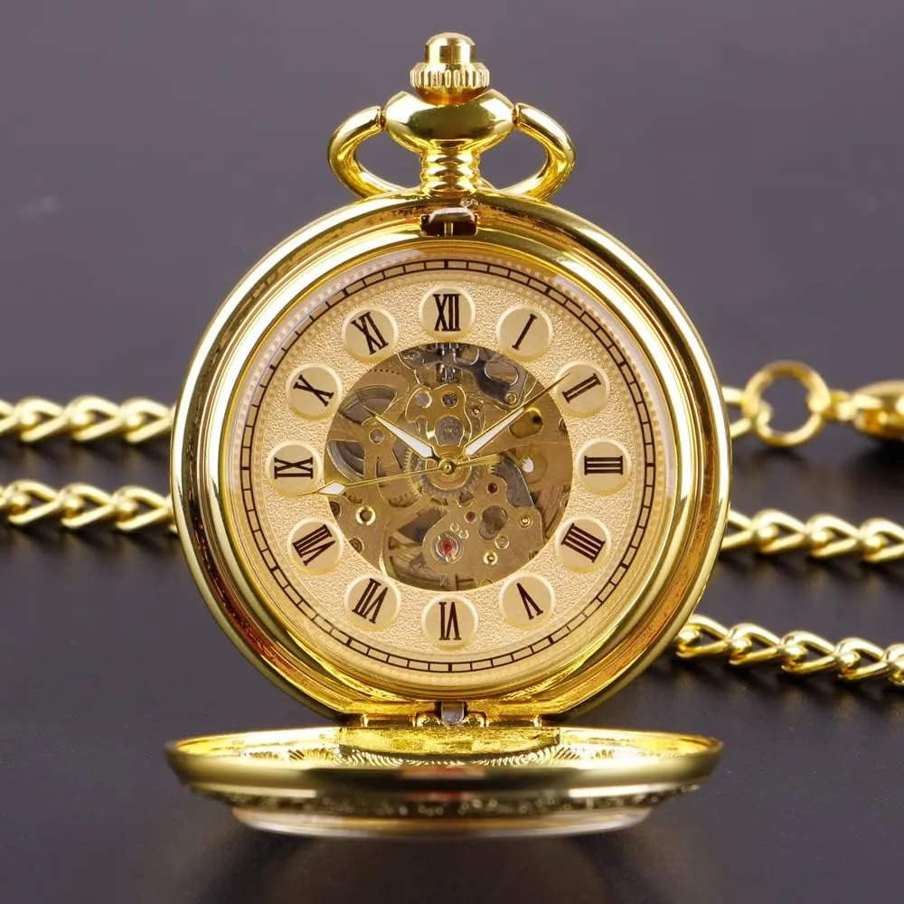 Watch with Chain Men's Pocket Watch with Box for Birthday Father's Day Tiong Flower confinement shrubby Mississippian continuity follower Mechanical Steampunk Skeleton Pocket 