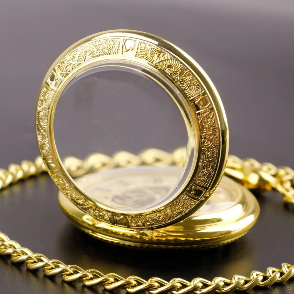 Watch with Chain Men's Pocket Watch with Box for Birthday Father's Day Tiong Flower confinement shrubby Mississippian continuity follower Mechanical Steampunk Skeleton Pocket 