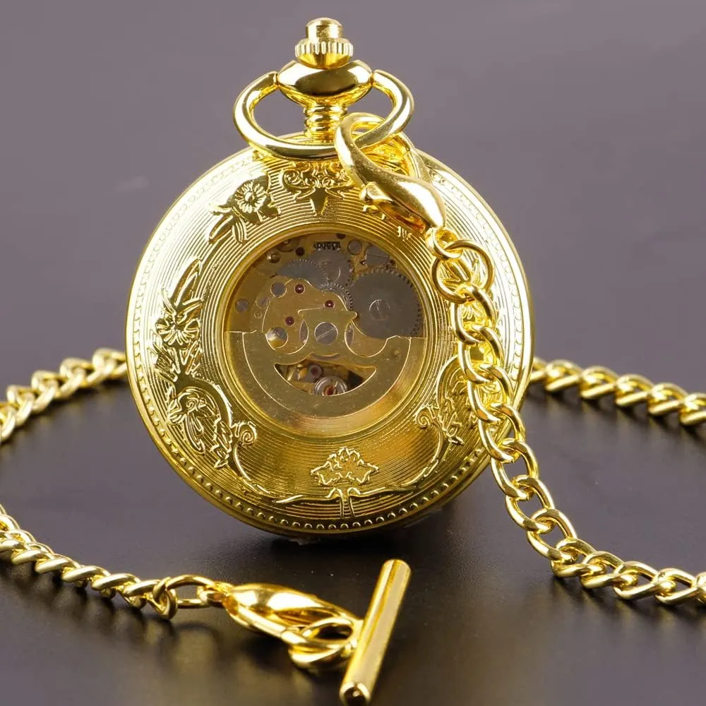 Watch with Chain Men's Pocket Watch with Box for Birthday Father's Day Tiong Flower confinement shrubby Mississippian continuity follower Mechanical Steampunk Skeleton Pocket 