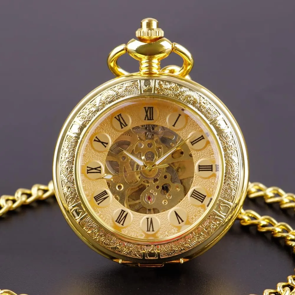 Watch with Chain Men's Pocket Watch with Box for Birthday Father's Day Tiong Flower confinement shrubby Mississippian continuity follower Mechanical Steampunk Skeleton Pocket 