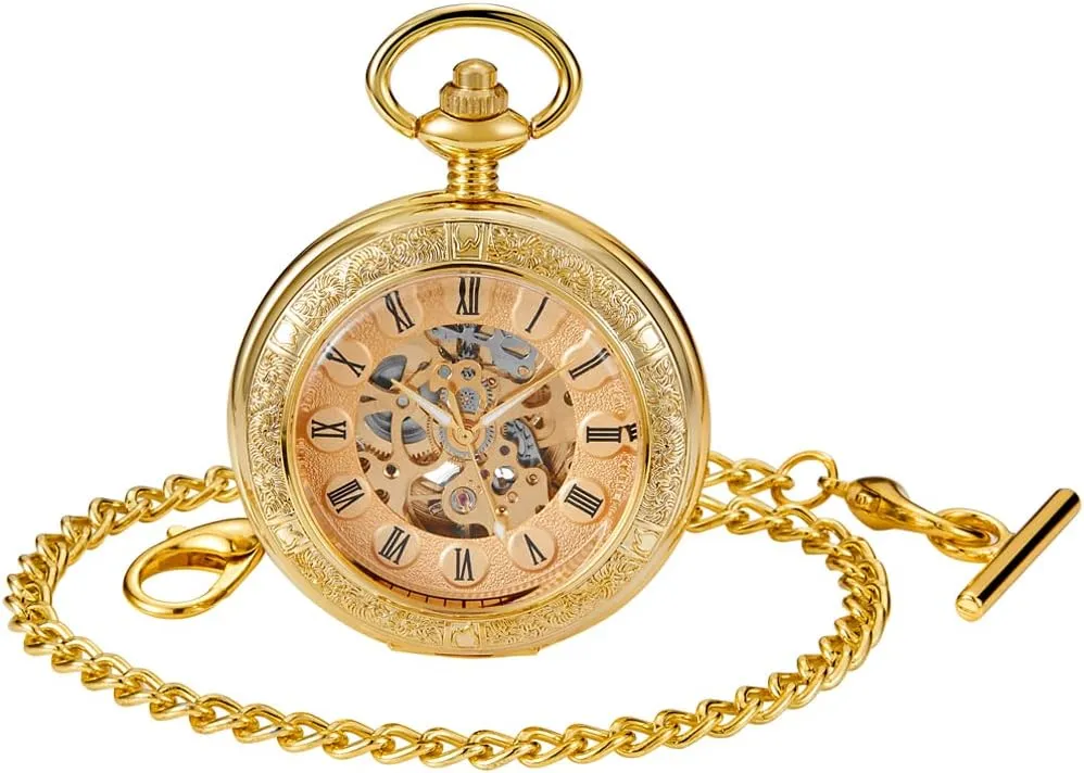 Watch with Chain Men's Pocket Watch with Box for Birthday Father's Day Tiong Flower confinement shrubby Mississippian continuity follower Mechanical Steampunk Skeleton Pocket 