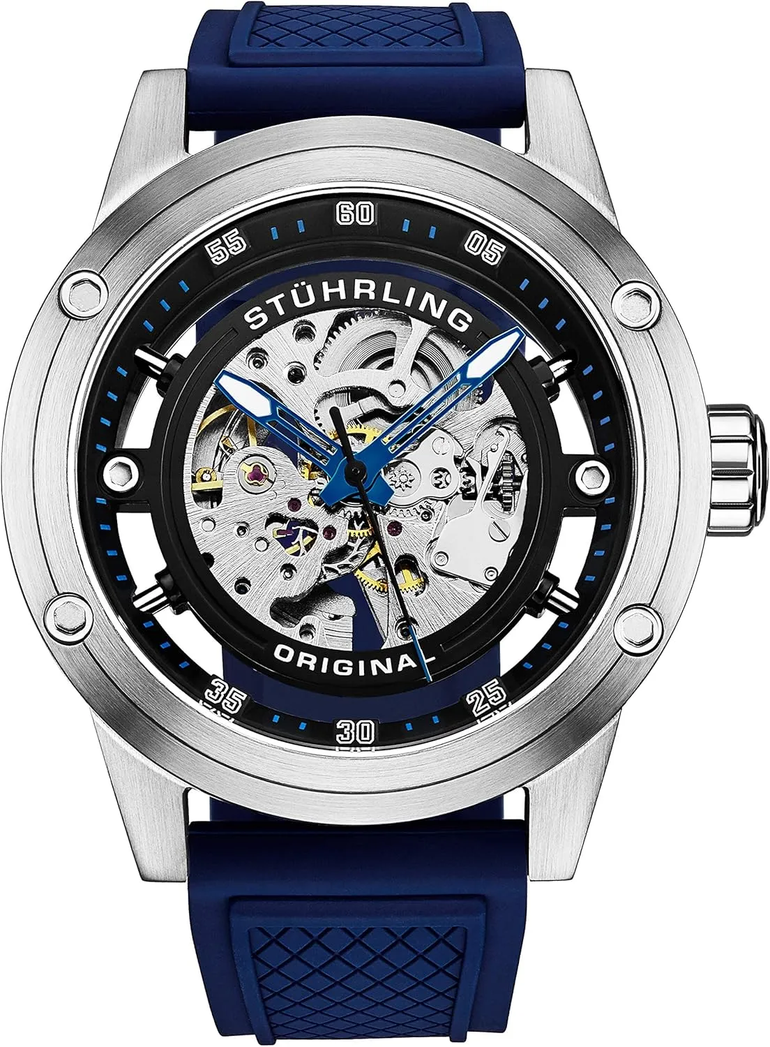 Watch with Rubber Strap 50MM Stuhrling Original Mens Automatic Watch swimmer Skeleton Stainless Steel Self Winding Dress 