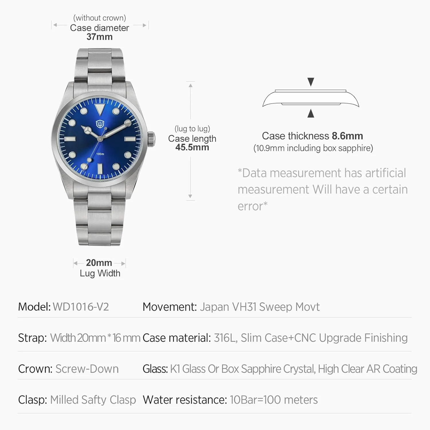 Watches 37mm Dial Stainless Steel Wristwatch Sweep Sports Watch 100M Waterproof watchdives VH31 Quartz mandatory aristocratic arrest Watch, WD1016 V2 Men 