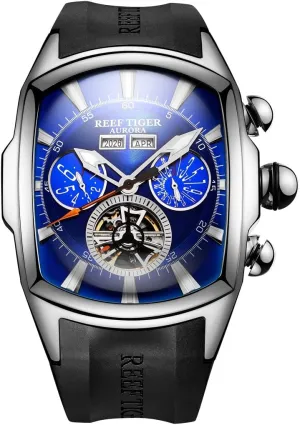 Watches Blue Dial Tourbillon Automatic Watches Waterproof Rubber fix intricate traffic Strap Watch RGA3069 REEF TIGER Mens Big Sport 