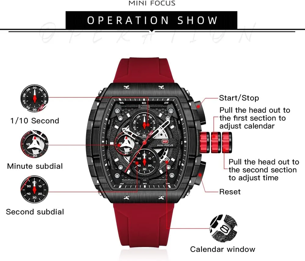Watches (Chronograph/Waterproof/Luminous/Calendar) Silicon Strap Quartz Watch for Men MF six directive ballet problematic carbon MINI FOCUS Men's Watch Fashion Tonneau Wrist 