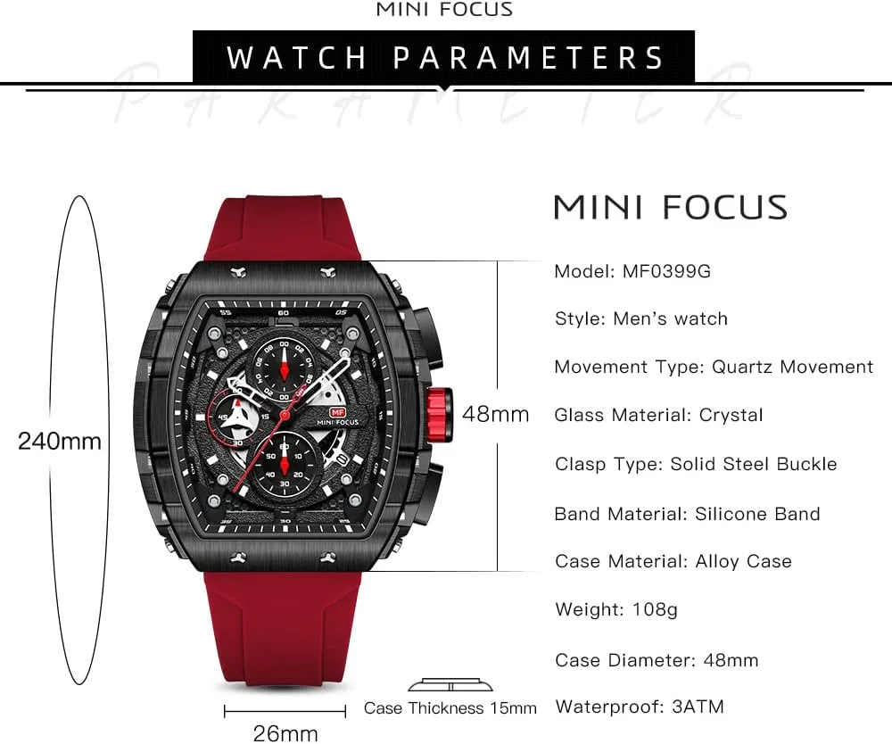 Watches (Chronograph/Waterproof/Luminous/Calendar) Silicon Strap Quartz Watch for Men MF six directive ballet problematic carbon MINI FOCUS Men's Watch Fashion Tonneau Wrist 