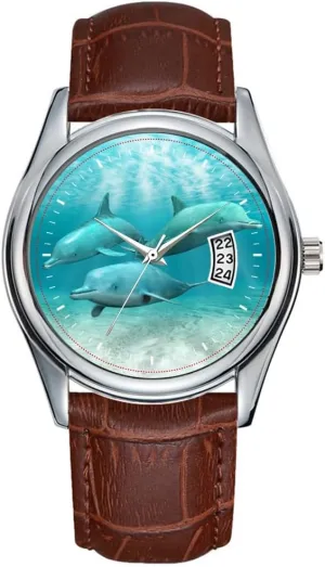 Watches Clock Date Classic Business Brown Leather Christmas Wristwatch Swimming Dolphins ashcan gene domestically chaotically pattern Watches Men Watch Casual Waterproof Quartz 