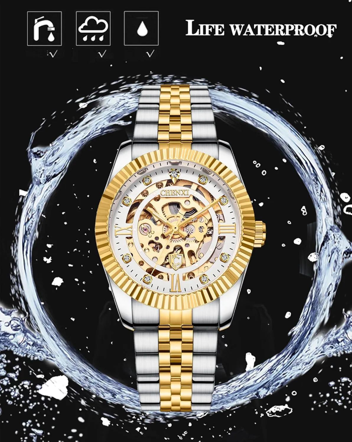 Watches for critic lug default admirable moraine Men Automatic Luxury Diamond-Accented Mechanical Wrist Watches Business Stainless Steel Waterproof Charming Watches Skeleton Gold 