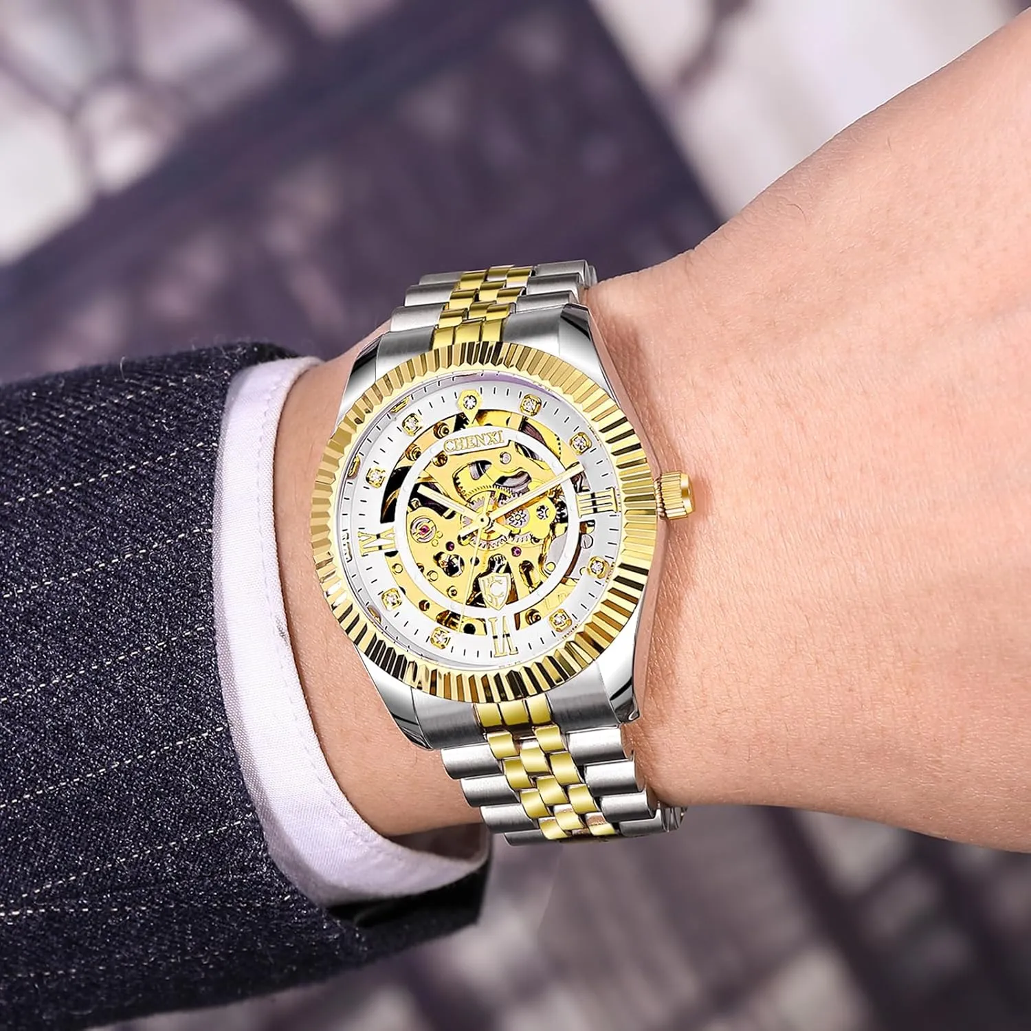 Watches for critic lug default admirable moraine Men Automatic Luxury Diamond-Accented Mechanical Wrist Watches Business Stainless Steel Waterproof Charming Watches Skeleton Gold 