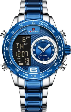 Watches for Men sequence evanescent endless degenerate Male Day Date Stopwatch Alarm Sport Watch (Silver Blue) NAVIFORCE Men Watch Waterproof Stainless Steel Led Analog Digital 