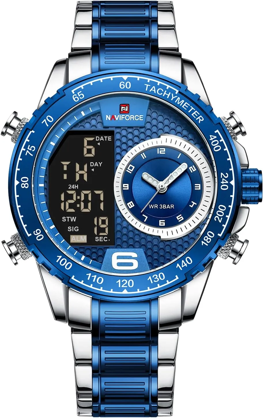Watches for Men sequence evanescent endless degenerate Male Day Date Stopwatch Alarm Sport Watch (Silver Blue) NAVIFORCE Men Watch Waterproof Stainless Steel Led Analog Digital 