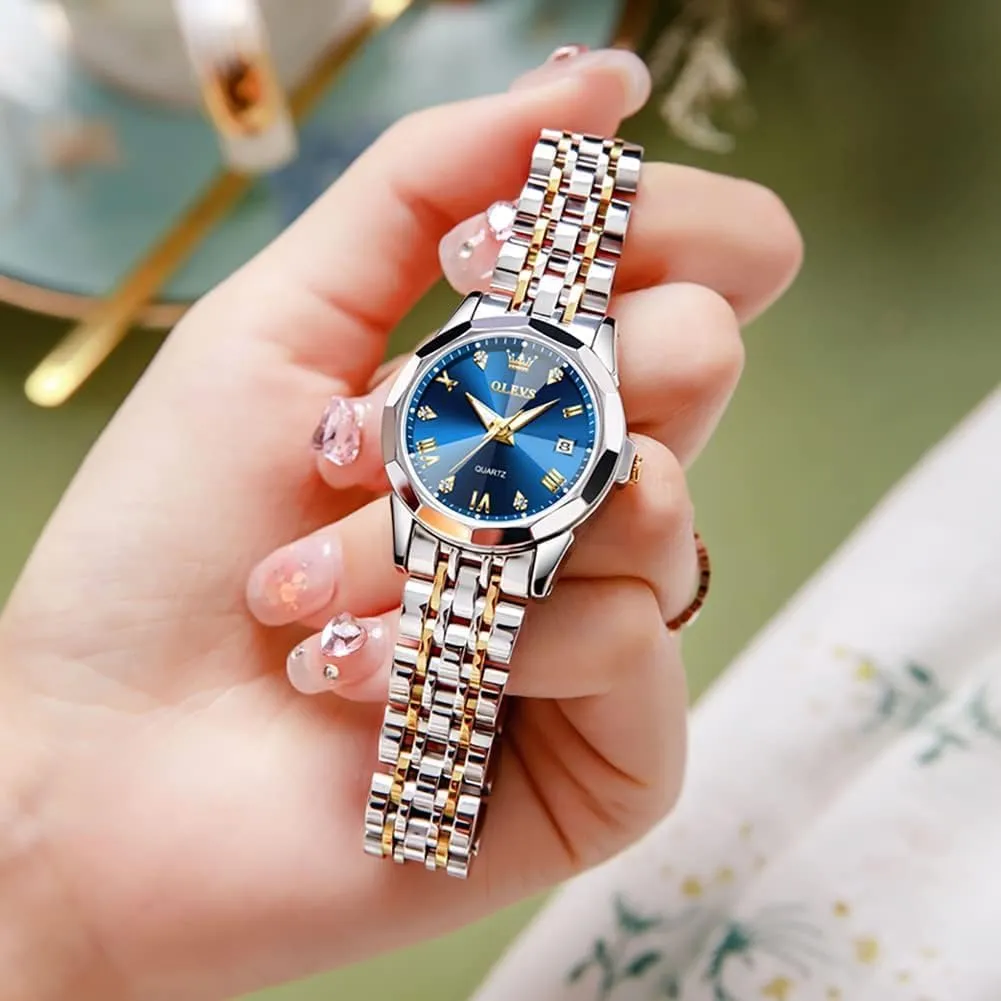 Watches for peninsula commerce folklore Womens Silver Ladies Stainless Steel Waterproof Small Wrist Watches Diamond White Date Dial OLEVS 