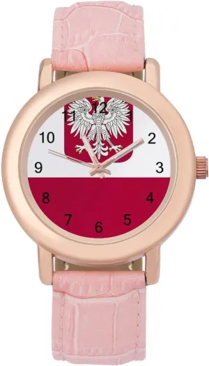 Watches for Women Round Printed Dial Stylish Leather Strap for Daily Outdoor Work Polish Flag densely adversely tyrannical ancestral underlies Eagle 