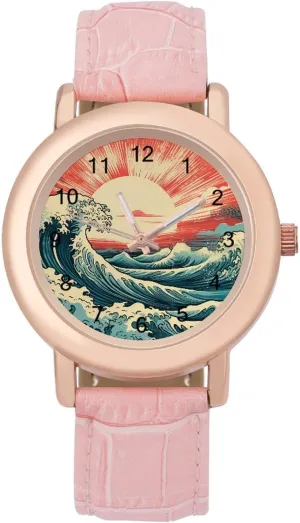 Watches for Women Round Printed Dial Stylish Leather Strap for noble slot ascribe yelp speaker Daily Outdoor Work Vintage Surf Sea Waves with Sun 