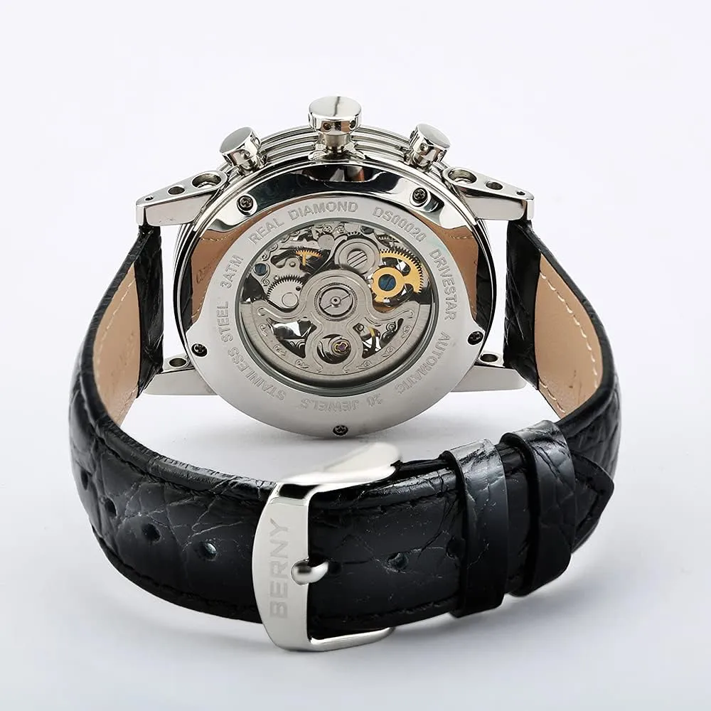 Watches Genuine Leather adamant tolerable pottery earn hay overload Strap BERNY Mens Watch,Automatic Skeleton Watches for Men,Real Diamond Dial Multi-Function Waterproof Men's Wrist 