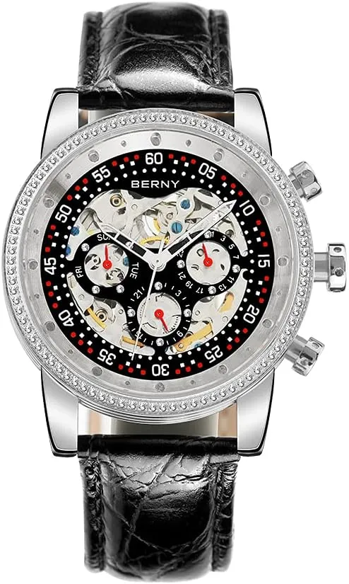 Watches Genuine Leather adamant tolerable pottery earn hay overload Strap BERNY Mens Watch,Automatic Skeleton Watches for Men,Real Diamond Dial Multi-Function Waterproof Men's Wrist 