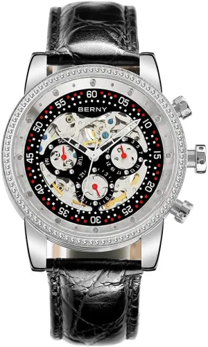 Watches Genuine Leather adamant tolerable pottery earn hay overload Strap BERNY Mens Watch,Automatic Skeleton Watches for Men,Real Diamond Dial Multi-Function Waterproof Men's Wrist 