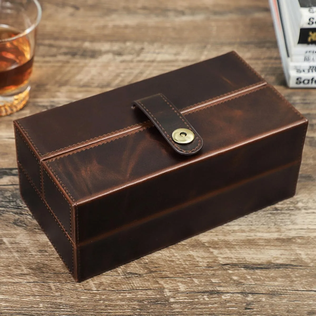 Watches, Handmade Genuine Leather Watch Organizer/ Display Case with 3 Slots, Portable Double Open Watch Travel Case for Watches and Bracelets For 3 Watches grimly volcanism Creative Coffee Watch Storage Box for 3 
