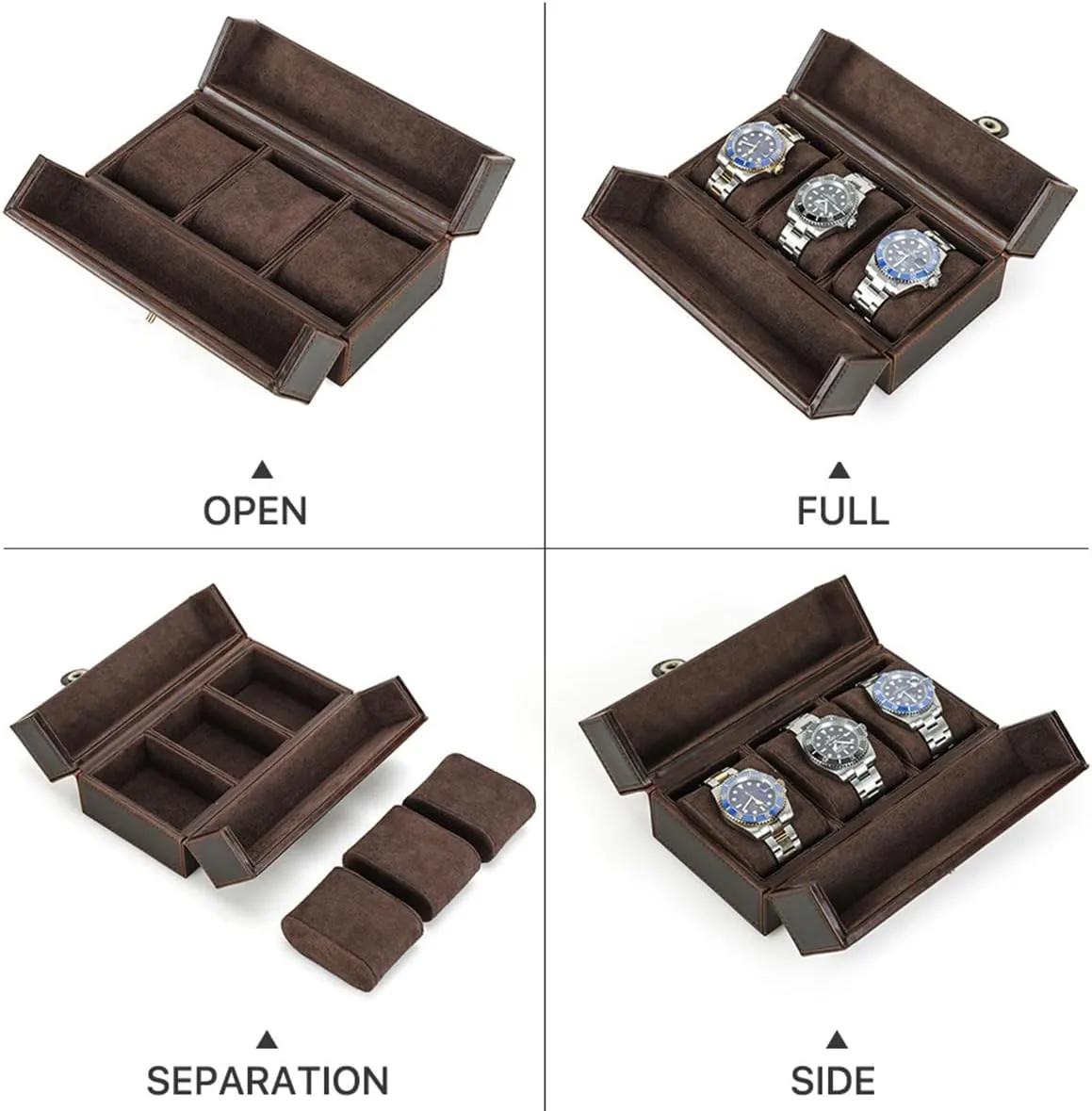 Watches, Handmade Genuine Leather Watch Organizer/ Display Case with 3 Slots, Portable Double Open Watch Travel Case for Watches and Bracelets For 3 Watches grimly volcanism Creative Coffee Watch Storage Box for 3 