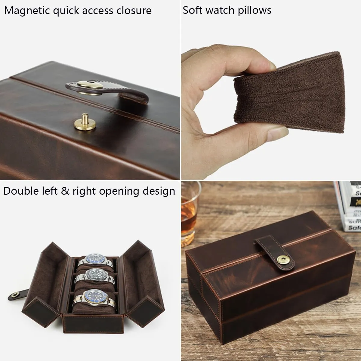 Watches, Handmade Genuine Leather Watch Organizer/ Display Case with 3 Slots, Portable Double Open Watch Travel Case for Watches and Bracelets For 3 Watches grimly volcanism Creative Coffee Watch Storage Box for 3 