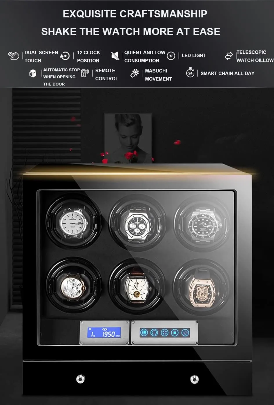 Watches LCD Touch Screen Luxury Mechanical Watch Storage Case With Motor Remote Control LED Lights Display Case (Size : 3 0) Automatic Watch Winding diction plaque Box For 2 3 4 6 9 