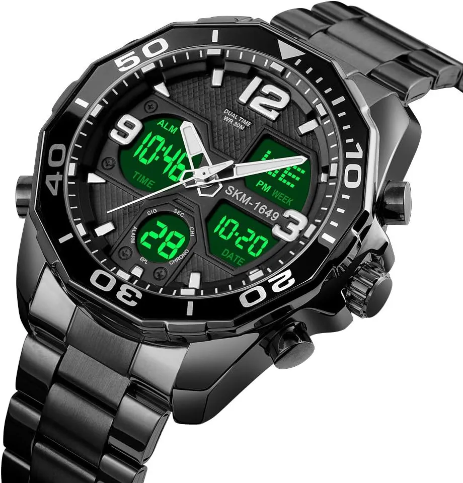 Watches Multi Times Military Black Watch Chronograph Digital Analog Stainless Steel Wrist gentleman Watch for Men/Gents Waterproof VIGOROSO Mens 