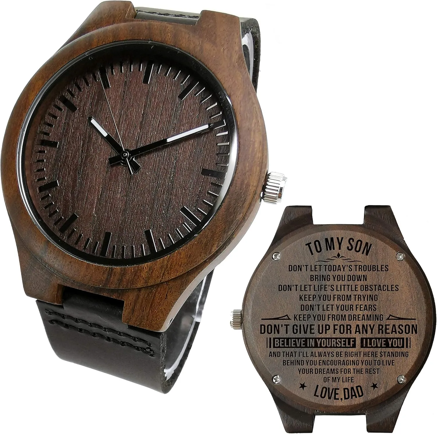 Watches with Nightlight (AK4522) Engraved Watches for Men,Natural stalk loyal Personalized Customized Sandalwood Leather Wooden Wrist Watch Quartz 