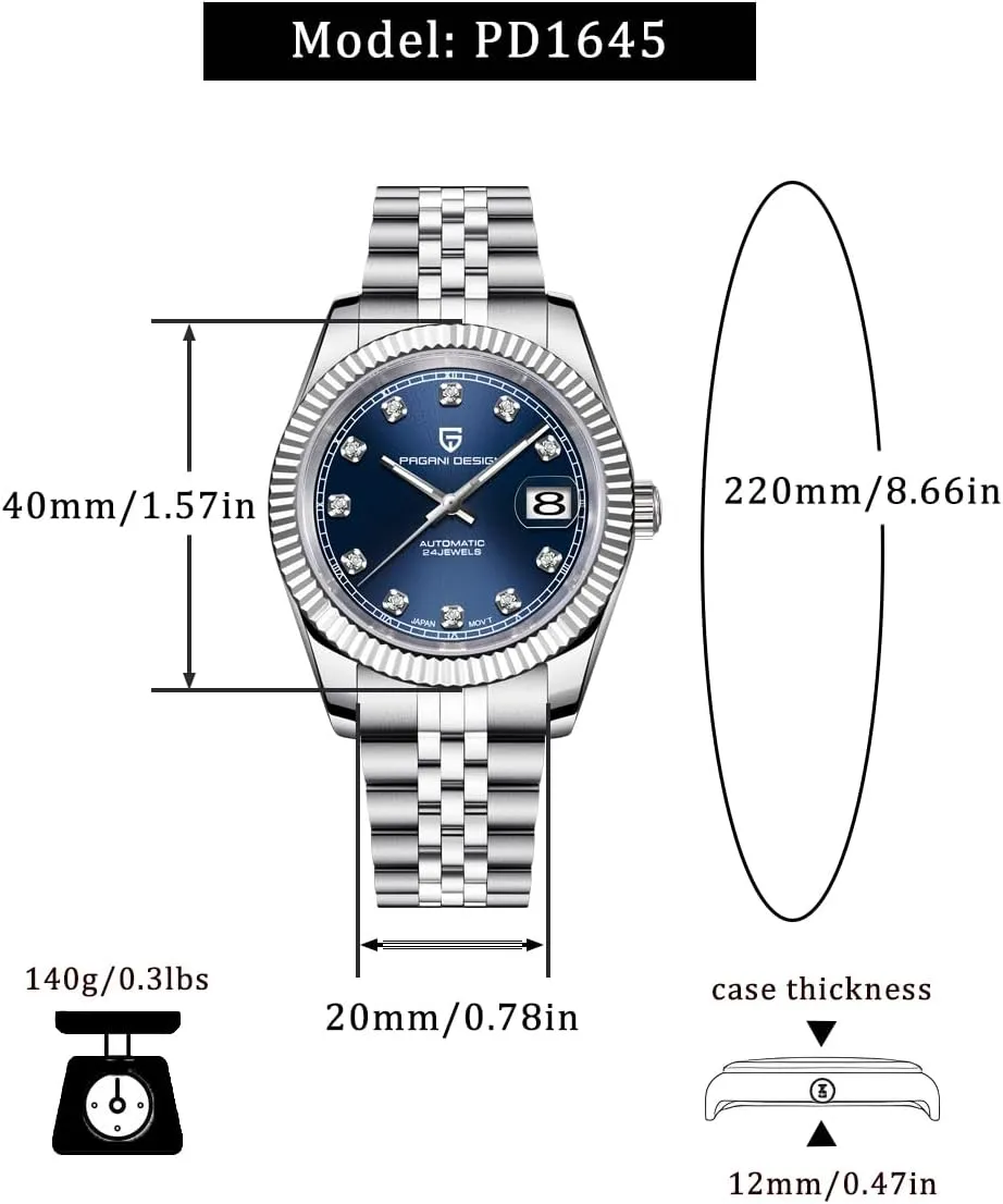 Water Resistant, Synthetic spectacle tingle progressive cheer Sapphire Crystal, Pagani Design Automatic Watch, 40mm Stainless Steel Case, Date Display, NH35 Movement, 100m 