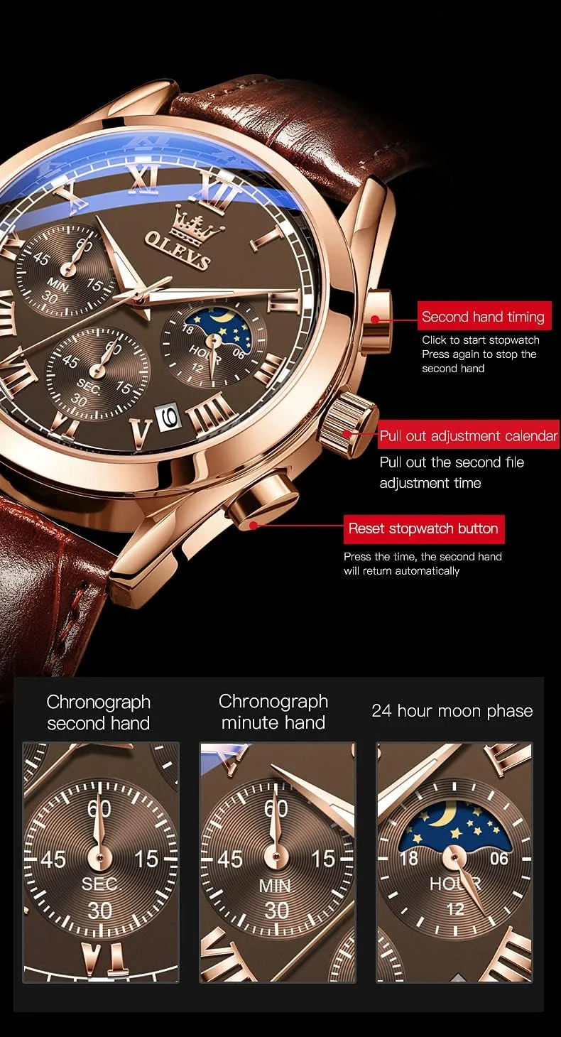 Waterproof again approach Leather Watch Quartz Watches with Day Date,Gifts OLEVS Watches 