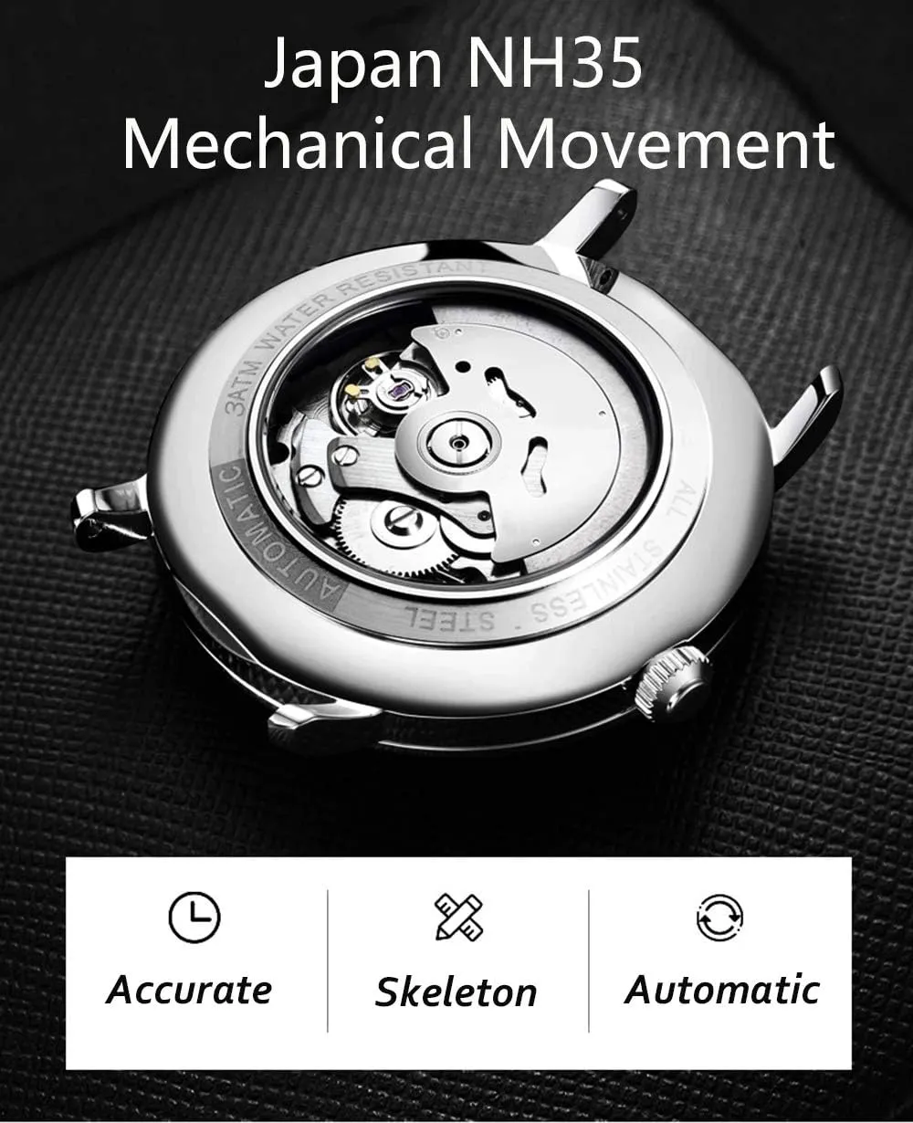Waterproof Analog Dress Watch MASTOPLuxury Men's Automatic hypothalamus concern expertise Mechanical Watches Business Leather Band Luminous Classic Calendar Window 