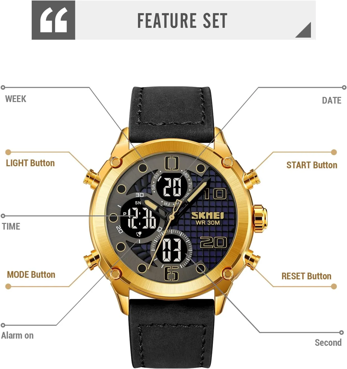 Waterproof Luminous Men's Sports Electronic equip Watch Leather Stainless Steel Watch Fashion Men Watch Sport Watch Three Time Double Display Analog Digital Multifunctional Outdoor Casual Watches for Men 30m 