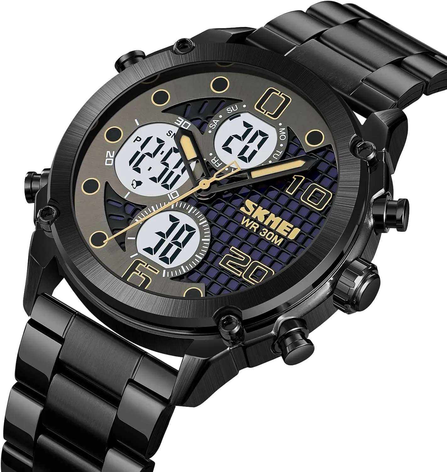Waterproof Luminous Men's Sports Electronic equip Watch Leather Stainless Steel Watch Fashion Men Watch Sport Watch Three Time Double Display Analog Digital Multifunctional Outdoor Casual Watches for Men 30m 