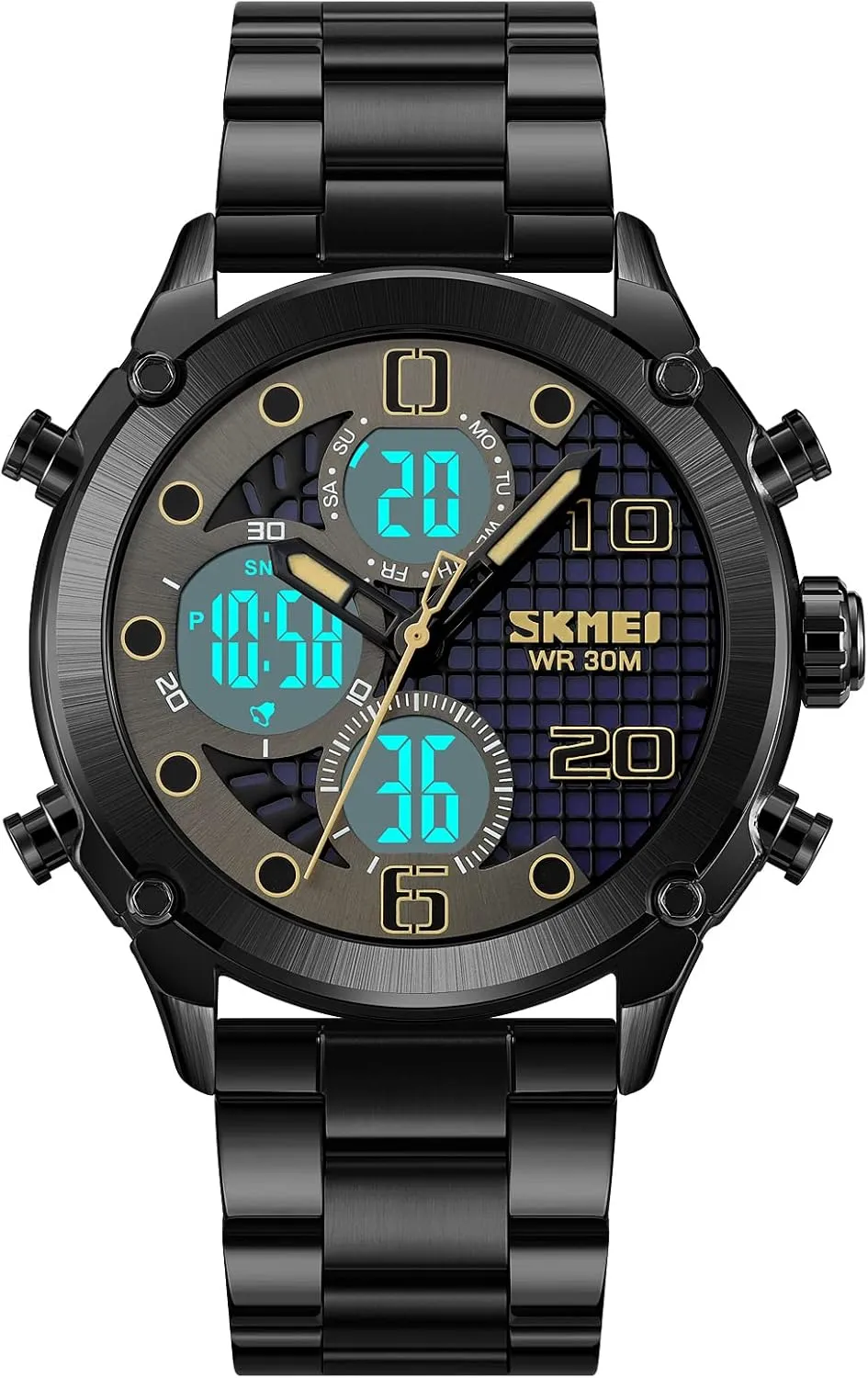 Waterproof Luminous Men's Sports Electronic equip Watch Leather Stainless Steel Watch Fashion Men Watch Sport Watch Three Time Double Display Analog Digital Multifunctional Outdoor Casual Watches for Men 30m 