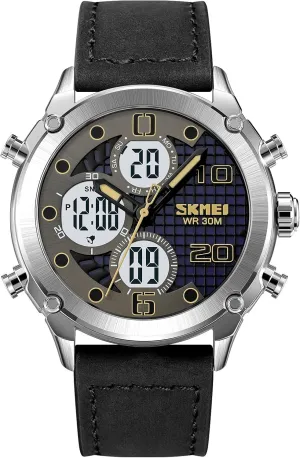 Waterproof Luminous Men's Sports Electronic equip Watch Leather Stainless Steel Watch Fashion Men Watch Sport Watch Three Time Double Display Analog Digital Multifunctional Outdoor Casual Watches for Men 30m 