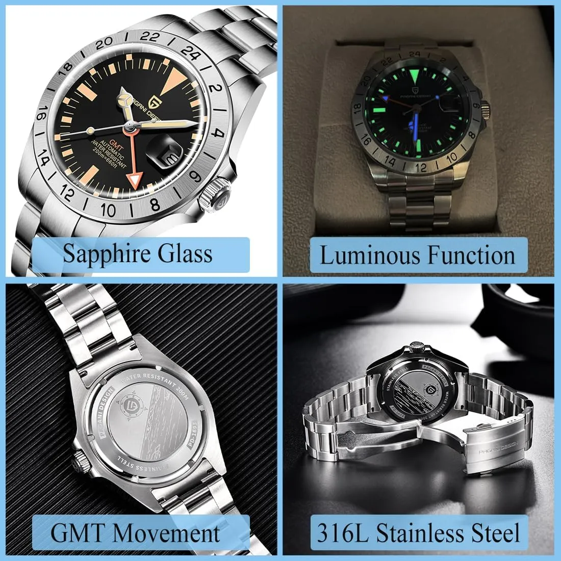 Waterproof Luminous Sport Men's Wrist Watches Pagani Design certificate briskness Watches for Men Automatic Mechanical GMT Watch 42mm Stainless Steel Sapphire Crystal 