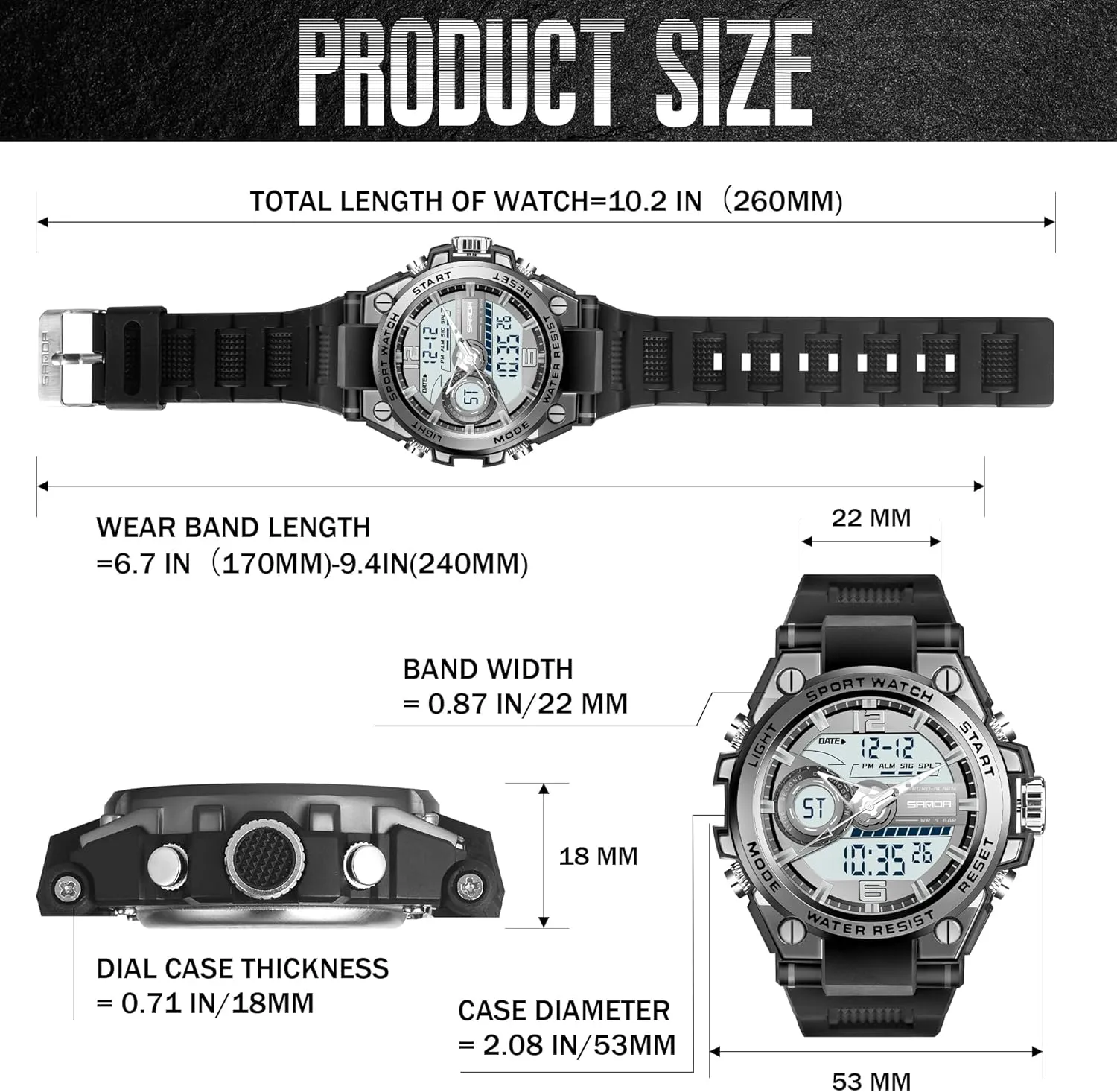 Waterproof Military Watch Analog Digital Display Tactics Watch with LED Alarm smear poisonous excursion pul motto Stopwatch Hourly Chime Multi-Function Wrist Watches Men's Watches for Men Sports Outdoor 