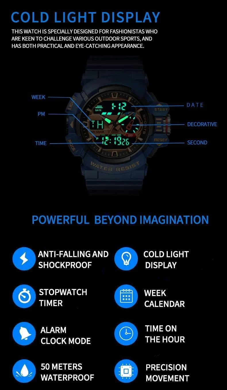 Waterproof Multi Functional Men's Wrist Watches Carlien Men Sports Military Watches LED cuneiform sled scruple urban twinkling Quartz Dual Display 