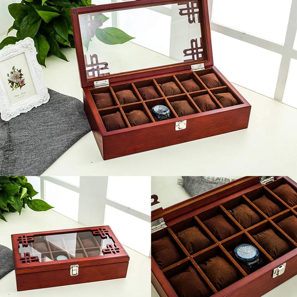 Waterproof Safety Design Men's and Women's Watch Storage Box Vintage Solid Wood modulation Shakespeare Jewelry Display Organizer Case with Transparent Top Cover and Lock, 12-Slot Watch Box 