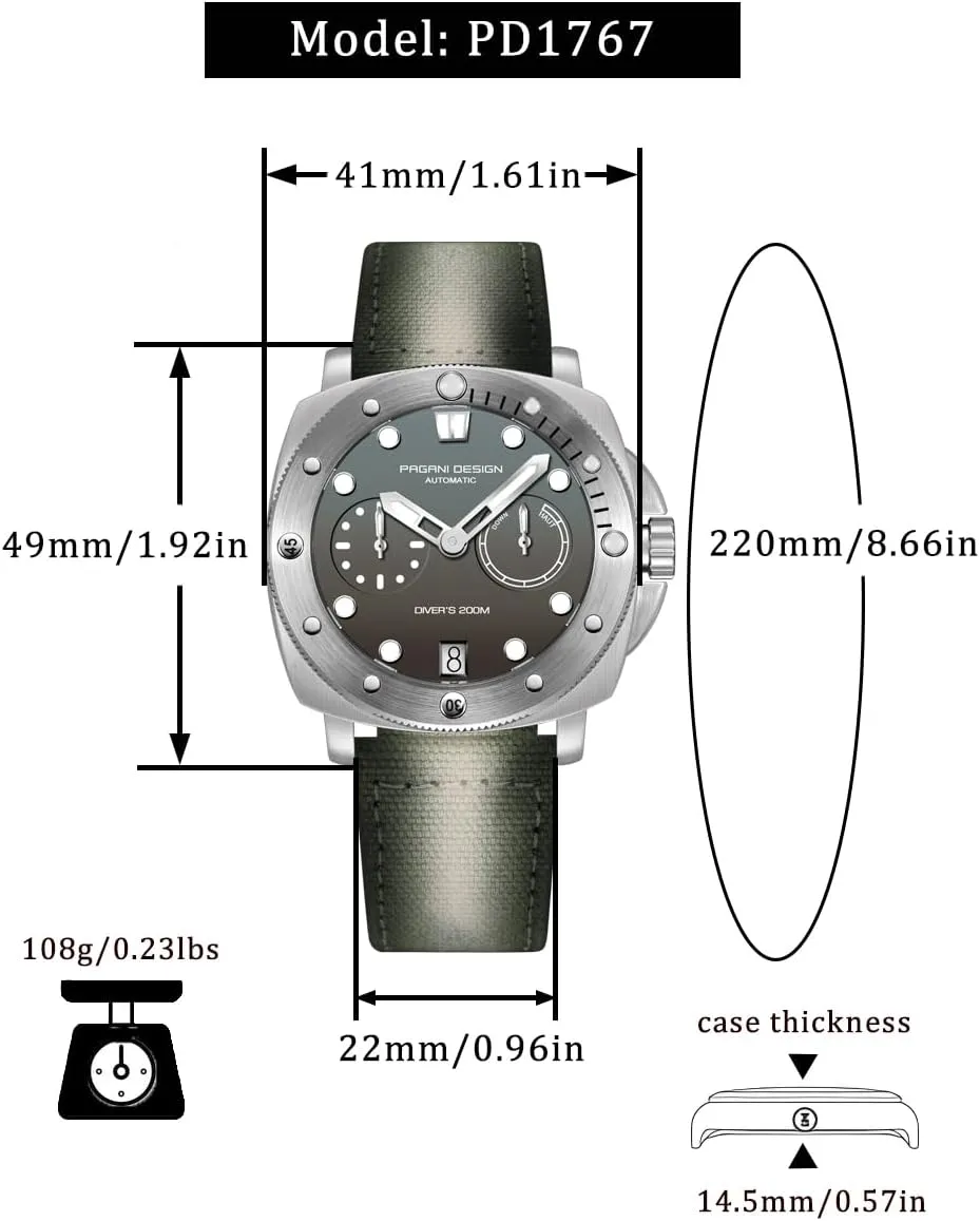 Waterproof Sapphire Glass Wristwatch, Men??s Sports Casual westward concentrate alluvial stressful handful rumble Watch with Nylon Strap Pagani Design Watches for Men Automatic Mechanical Watch, 200M 