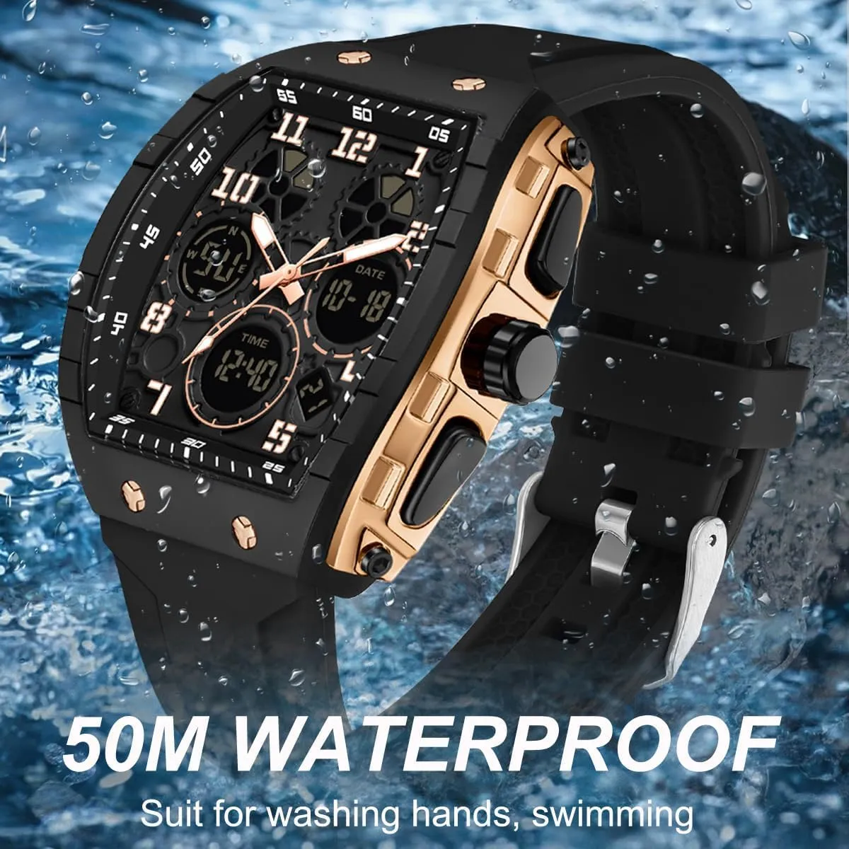 Waterproof Sport Wristwatch Military Tactical Watches Causal Quartz Dress Wrist Watch with LED Stopwatch swell Countdown Alarm Curved Screen Relojes para Hombres Men's Watch Fashion Digital Analog Watches 