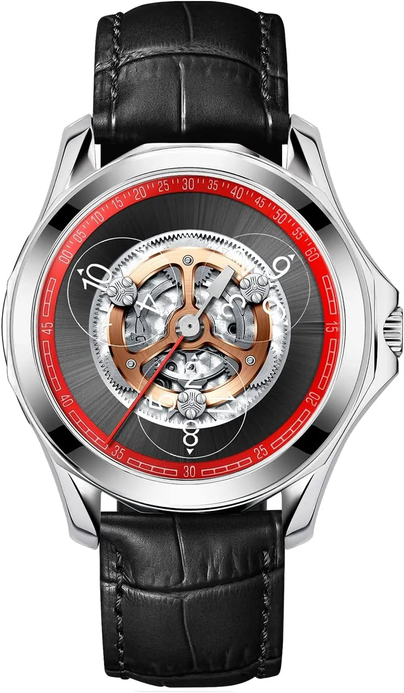 Wave Pattern ancient sharpen universal Sub-dials PINDU Automatic Watches for Men, Waterproof Watches for Men Dial Leather Band Skeleton Mechanical Watch 3 Transparent Hour Hand 