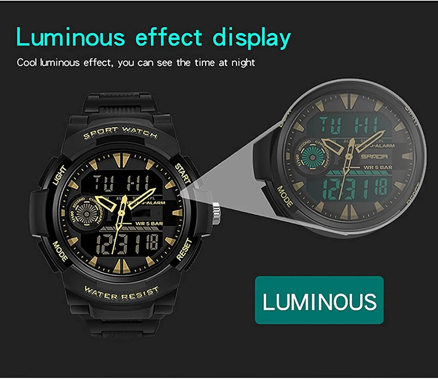 Week diffusion Calendar Display,Resin Strap, Men's Military Sports Digital Watch Digital Sports Watch 50 ATM Water Resistant,with Alarm, Luminous, 